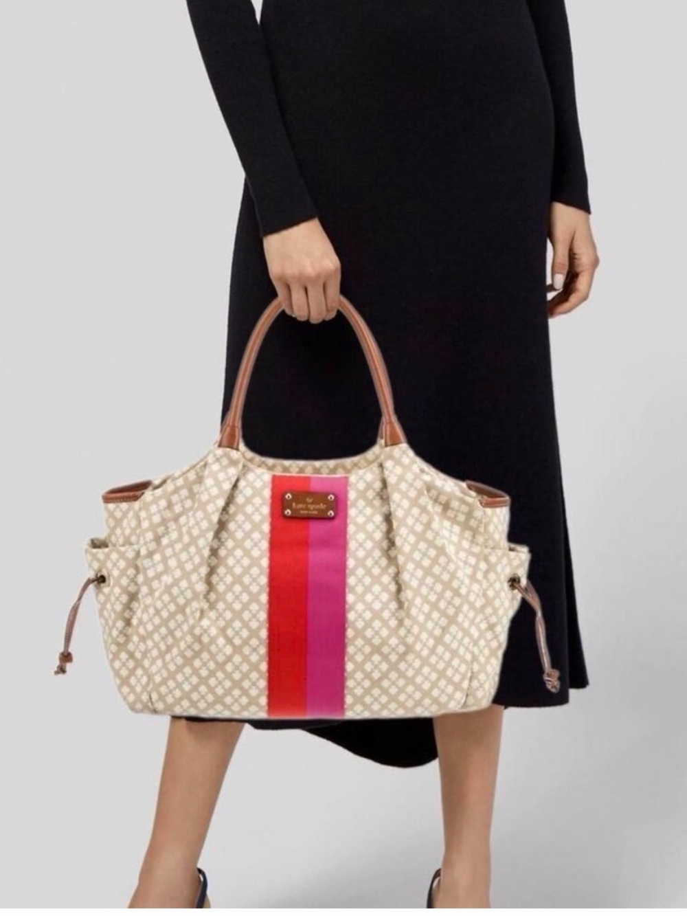 Kate Spade "Stevie" Classic Stucco Canvas & Leather diaper bag weekender purse
